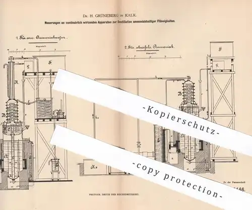 original Patent - Dr. H. Grüneberg , Kalk , 1881 , Destillation ammoniakhaltiger Flüssigkeit | Destillieren , Destille !