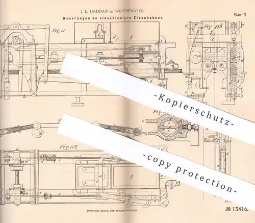 original Patent - J. L. Haddan , Westminster , 1878 , einschienige Eisenbahnen | Eisenbahn , Bahn , Schienen !!