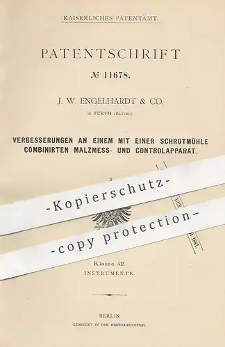 original Patent - J. W. Engelhardt & Co. , Fürth | 1880 | Schrotmühle | Schrot , Mühle , Getreide | Mühlen , Müller !!!