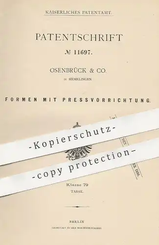 original Patent - Osenbrück & Co. , Hemelingen , 1880 , Formpresse für Zigarren | Presse , Form , Zigaretten , Tabak !!!