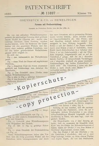 original Patent - Osenbrück & Co. , Hemelingen , 1880 , Formpresse für Zigarren | Presse , Form , Zigaretten , Tabak !!!