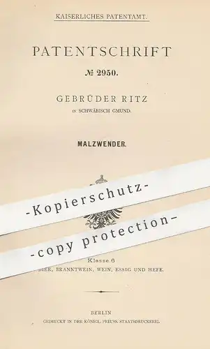 original Patent - Gebrüder Ritz , Schwäbisch Gmünd , 1877 , Malzwender | Malz | Mühle , Walze , Walzen , Walzwerk