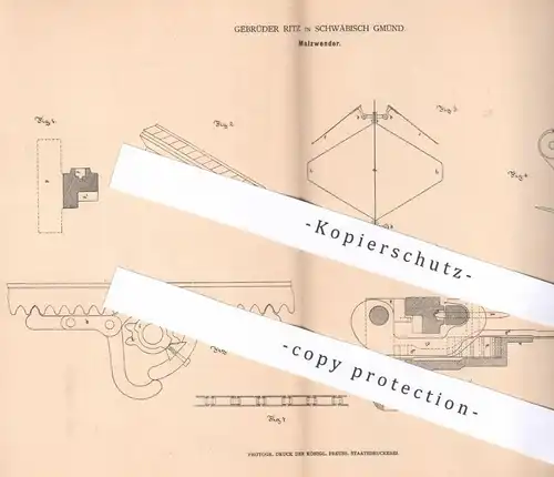 original Patent - Gebrüder Ritz , Schwäbisch Gmünd , 1877 , Malzwender | Malz | Mühle , Walze , Walzen , Walzwerk