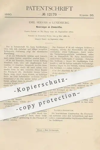 original Patent - Emil Servais , Luxemburg , 1880 , Zimmerofen | Ofen , Öfen , Ofenbauer , Feuerung , Heizung !!!