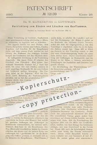 original Patent - Dr. W. Klinkerfues , Göttingen , 1880 , Zünden und Löschen von Gasflammen | Gas , Zünder , Gaslampe