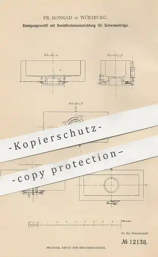 original Patent - Fr. Konrad , Würzburg , 1880 , Reinigung u. Desinfektion für Schweinetrog | Ventil , Desinfizieren !!