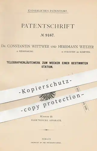 original Patent - Dr. Constantin Wittwer , Regensburg | Herrmann Wetzer , Pfronten / Kempten | Telegraphenläutewerk