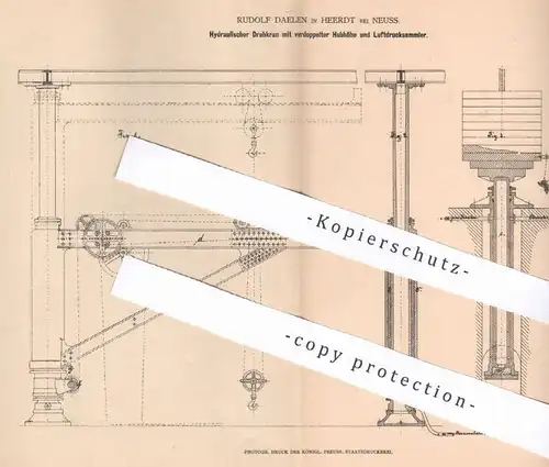 original Patent - Rudolf Daelen , Heerdt / Neuss , 1878 , Hydraulischer Drehkran | Kran , Hydraulik , Hubkran , Pumpe