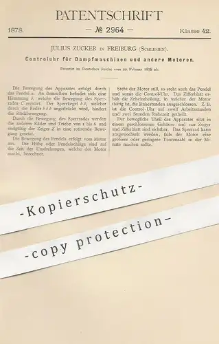 original Patent - Julius Zucker , Freiburg , Schlesien , 1878 , Kontrolluhr für Dampfmaschinen u. a. Motoren | Motor !!