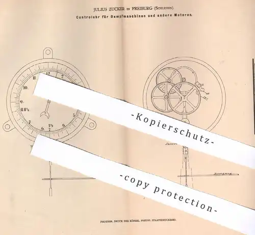 original Patent - Julius Zucker , Freiburg , Schlesien , 1878 , Kontrolluhr für Dampfmaschinen u. a. Motoren | Motor !!