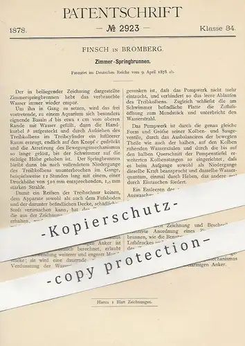 original Patent - Finsch , Bromberg , 1878 , Zimmer - Springbrunnen | Brunnen , Wasserspiel , Pumpe , Pumpen !!!