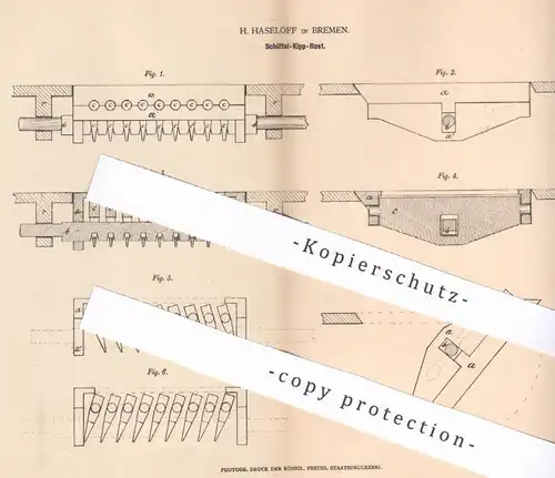 original Patent - H. Haseloff , Bremen , 1878 , Schüttel-Kipp-Rost | Rost , Ofenrost , Ofenbauer , Öfen , Feuerung !!!