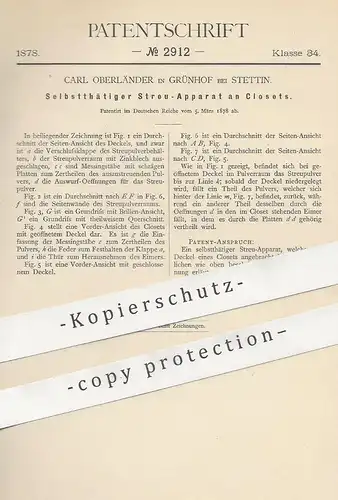 original Patent - Carl Oberländer , Grünhof / Stettin  1878 | Streuapparat an Closet | Kloset , WC , Toilette , Klempner