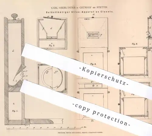 original Patent - Carl Oberländer , Grünhof / Stettin  1878 | Streuapparat an Closet | Kloset , WC , Toilette , Klempner