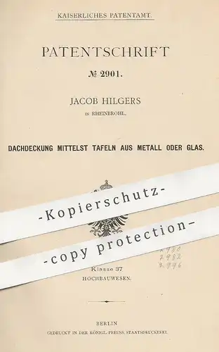 original Patent - Jacob Hilgers , Rheinbrohl , 1878 , Dachdeckung mit Tafeln aus Metall o. Glas | Dachdecker , Dach !!