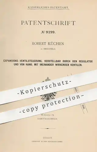 original Patent - Robert Küchen , Bielefeld , 1879 , Expansions- Ventilsteuerung | Ventil , Motor , Motoren , Getriebe