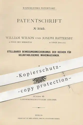 original Patent - William Wilson , Wood Hey Bebington | Joseph Battersby , Leigh England | 1878 | Rechen an Mähmaschinen