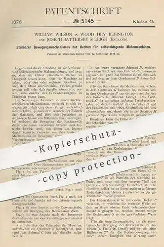 original Patent - William Wilson , Wood Hey Bebington | Joseph Battersby , Leigh England | 1878 | Rechen an Mähmaschinen