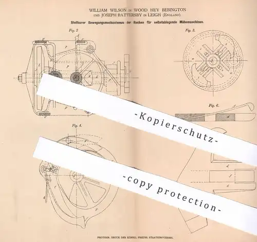 original Patent - William Wilson , Wood Hey Bebington | Joseph Battersby , Leigh England | 1878 | Rechen an Mähmaschinen