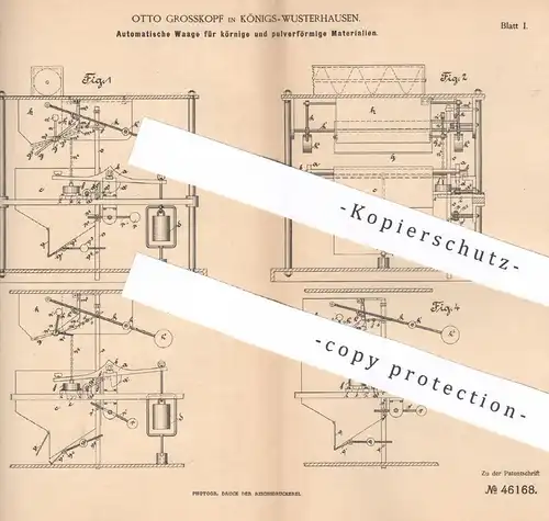 original Patent - Otto Grosskopf , Königs Wusterhausen 1888 , Automatische Waage für Körner & Pulver | Waagen , Gewicht