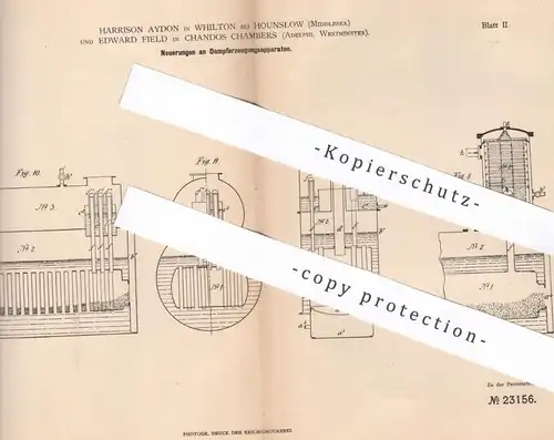 original Patent - Harrison Aydon , Whilton , Hounslow , Middlesex | Edward Field , Chandos Chambers | 1882 | Dampfkessel