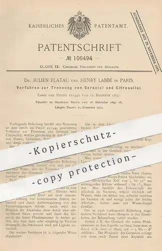 original Patent - Dr. Julien Flatau , Henry Labbé , Paris , Frankreich , 1897 , Trennung von Geraniol und Citronellol !!