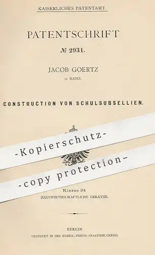 original Patent - Jacob Goertz , Mainz , 1891 , Schulsubsellien | Schulbank , Sitzbank , Tisch , Bank , Möbel , Pult