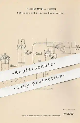 original Patent - Fr. Honigmann , Aachen , 1878 , Luftpumpe mit direktem Dampfbetrieb | Luft - Pumpe | Pumpen