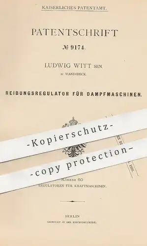 original Patent - Ludwig Witt , Wandsbeck , 1879 , Reibungsregulator für Dampfmaschinen | Motor , Regulator , Motoren !
