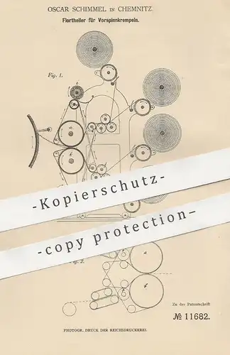 original Patent - Oscar Schimmel , Chemnitz , 1880 , Flortheiler für Vorspinnkrempeln | Spinnmaschinen , Flor , Walzen