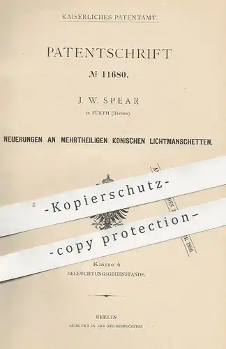 original Patent - J. W. Spear , Fürth , Bayern 1880 , konische Lichtmanschette | Leuchter , Lampe , Lampen , Beleuchtung