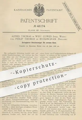 original Patent - Alfred Thomas , West Cowes | Philip Thomas , Buckingham England | 1888 | Druckanzeiger für Gas | Gase
