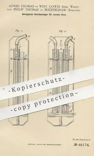 original Patent - Alfred Thomas , West Cowes | Philip Thomas , Buckingham England | 1888 | Druckanzeiger für Gas | Gase