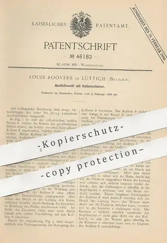 original Patent - Louis Roovers , Lüttich , Belgien , 1888 , Ausflussventil mit Kolbenschieber | Ventil , Wasserhahn !!