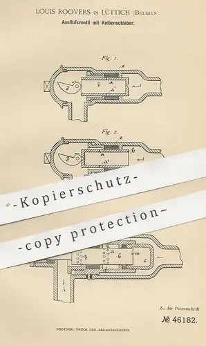 original Patent - Louis Roovers , Lüttich , Belgien , 1888 , Ausflussventil mit Kolbenschieber | Ventil , Wasserhahn !!