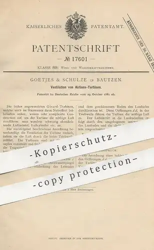 original Patent - Goetjes & Schulze , Bautzen , 1881 , Ventilation von Aktions-Turbinen | Girard - Turbine | Windkraft