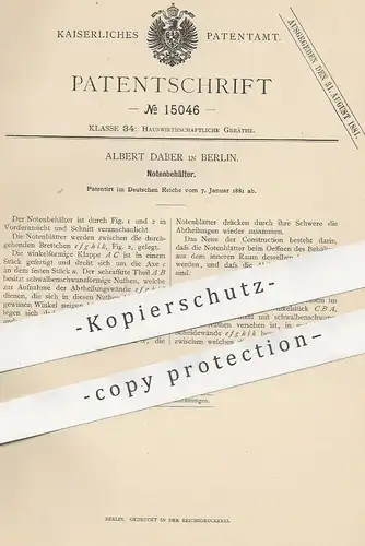 original Patent - Albert Daber , Berlin , 1881 , Notenbehälter | Noten - Pult , Schrank , Sekretär , Möbel | Musik !!
