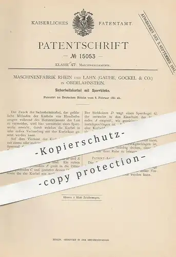 original Patent - Maschinenfabrik Rhein & Lahn / Gauhe , Gockel & Co. Oberlahnstein | Sicherheitskurbel mit Sperrklinke