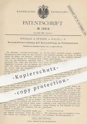 original Patent - Wegelin & Hübner , Halle / Saale , 1881 , Verschluss mit Ausschaltung an Filterpresse | Filter Presse