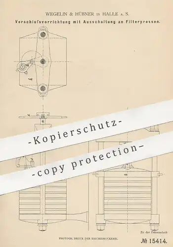 original Patent - Wegelin & Hübner , Halle / Saale , 1881 , Verschluss mit Ausschaltung an Filterpresse | Filter Presse