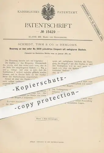 original Patent - Schmidt, Timm & Co. , Iserlohn , 1881 , Eissporn mit umlegbaren Stacheln | Eis - Sporn | Stiefel
