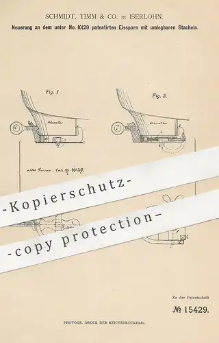 original Patent - Schmidt, Timm & Co. , Iserlohn , 1881 , Eissporn mit umlegbaren Stacheln | Eis - Sporn | Stiefel