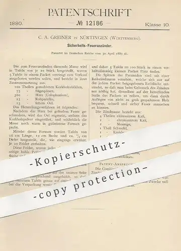 original Patent - C. A. Greiner , Nürtingen , Württemberg , 1880 , Feueranzünder | Zündstoff , Zündhölzer , Streichholz