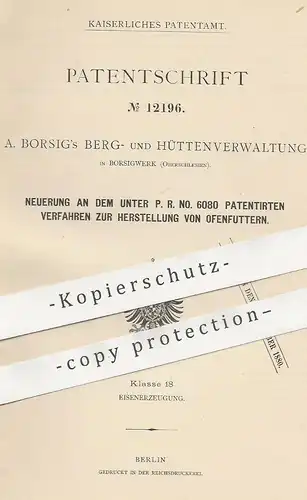 original Patent - A. Borsig's Berg- & Hüttenverwaltung Borsigwerk , Oberschlesien , Ofenfutter | Ofenrohr , Ofen , Öfen