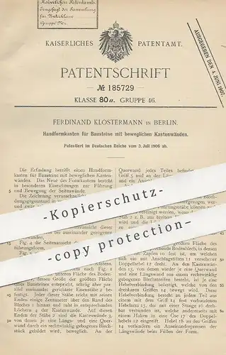 original Patent - Ferdinand Klostermann , Berlin , 1906 , Handformkasten für Bausteine | Ziegel - Form | Stein , Klinker