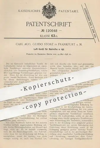 original Patent - Carl Aug. Guido Storz , Frankfurt / Main , 1898 , Luft - Ventil für Radreifen | Reifenventil , Reifen