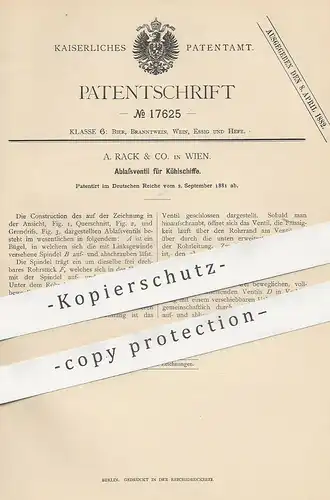 original Patent - A. Rack & Co. , Wien Österreich , 1881 , Ablassventil für Kühlschiffe | Ventil , Kühlung , Bier , Fass