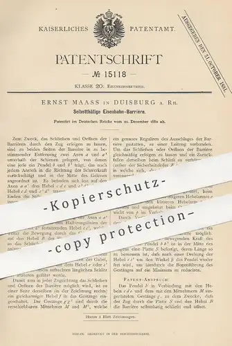 original Patent - Ernst Maass , Duisburg a. Rh. , 1880 , Eisenbahn - Barrière | Stellwerk , Schranken , Bahn , Zug , Lok