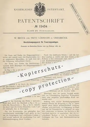 original Patent - W. Brück , Fritz Lürmann , Osnabrück , 1881 , Beschickungsapparat für Feuerung | Ofen , Heizung , Gas