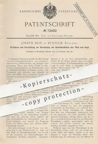 original Patent - Joseph Meir , Burslem , England , 1893 , Gewindestücke aus Ton , Steingut | Gewinde , Gips !!